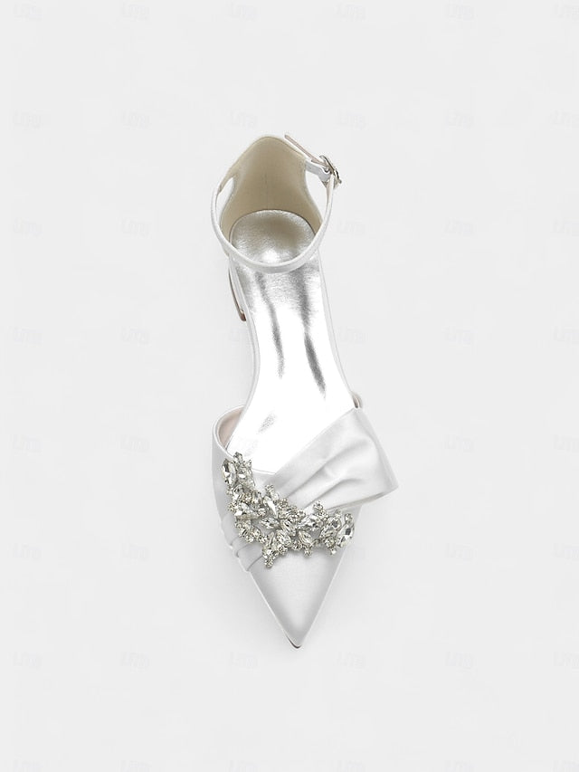 White Satin Rhinestone with and Ankle Pointed-Toe Bow Heels