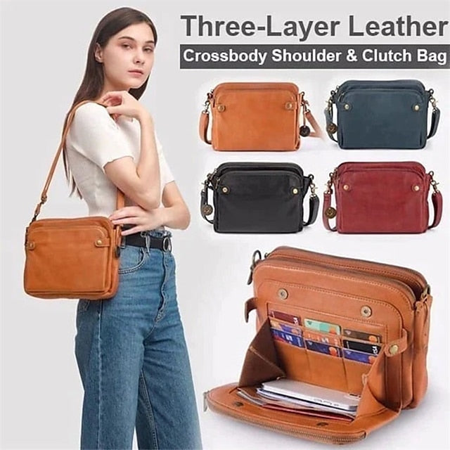 Shoulder Leather Women's Vintage Three-Layer Crossbody