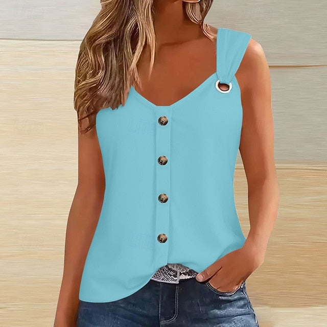 Women's T Shirt Buttons Plain Classic Casual Sleeveless V