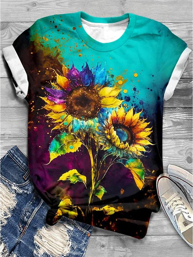 Women's T Shirt Fashion Sunflower Print Short Sleeve