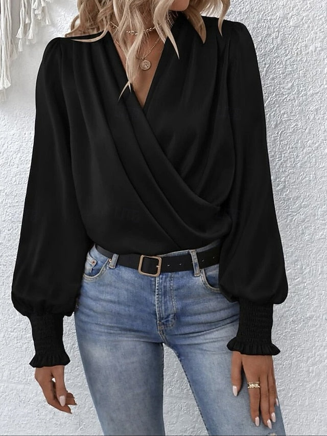 Women's Shirt Elegant Dressy Satin Top Ruched Solid Color