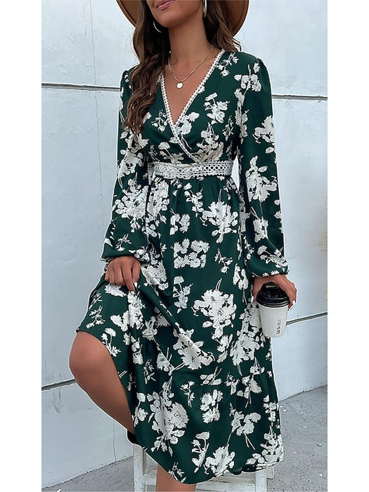 Women's Floral Lace Print V Neck Long Dress Maxi Dress Long