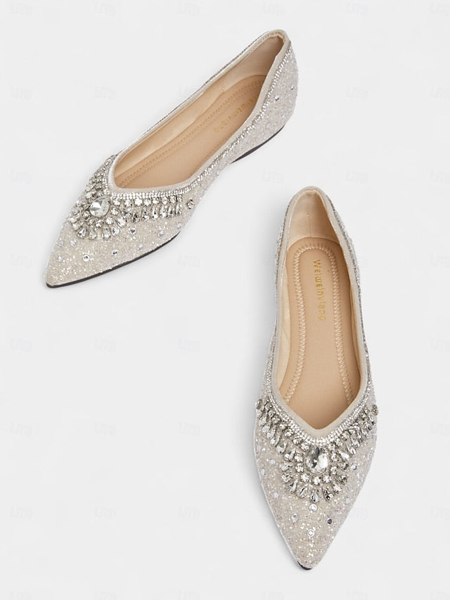 with Toe Glitter Flats Pointed Crystal Women's Silver