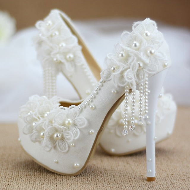 Lace Heels Platform with White Floral Women's Wedding