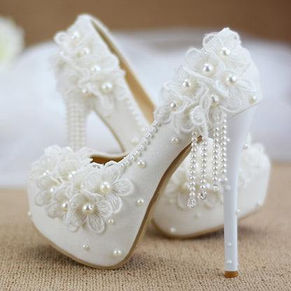Lace Heels Platform with White Floral Women's Wedding