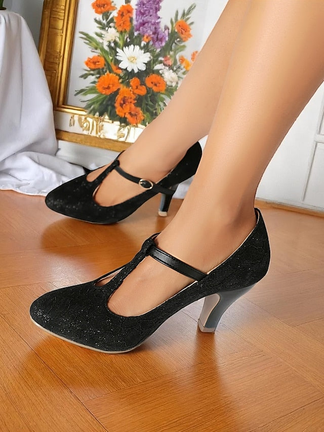 Women's Heel Lace T-Strap Ivory Mid Pumps-1920s Vintage