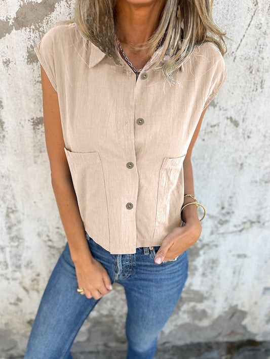 Women's Tank Top Sleeveless Shirt Pocket Buttons Plain