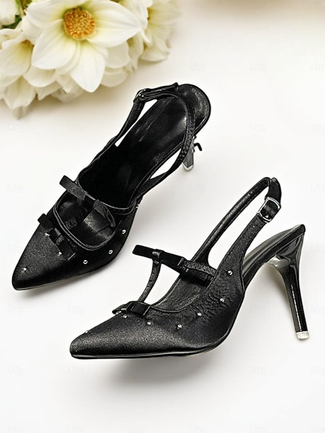 Purple Heels with and Satin – T-Strap Bows Women's Studs