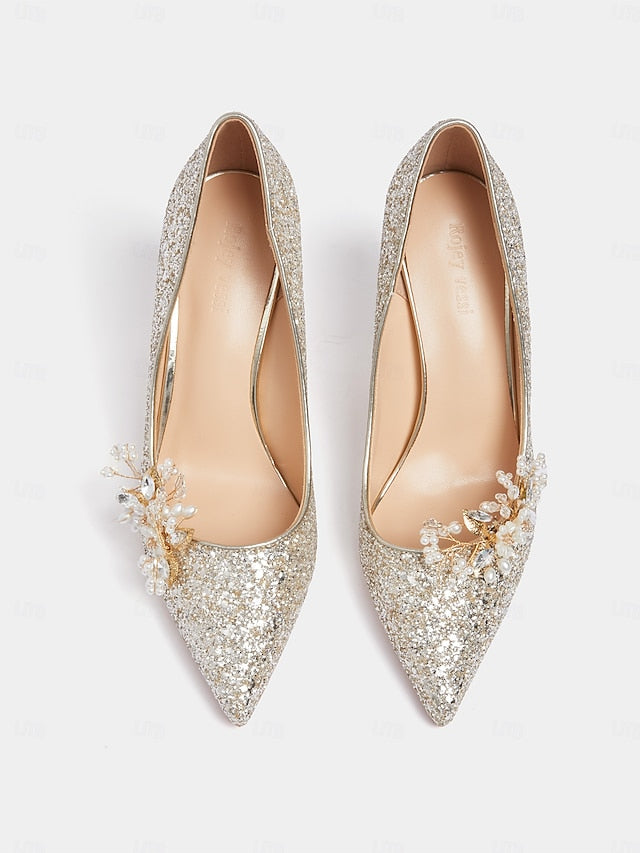 Women's Floral Heels Stiletto Silver with Glitter