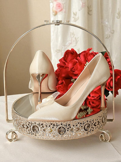 - Women's Elegant Heels Wedding Pointed Satin Ivory Floral