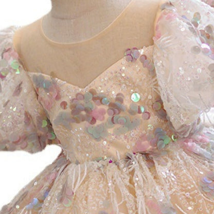 Solid Sleeve Color Kids Short Girls' Party Dress