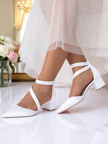 Pointed Toe Satin Champagne Block Heels - Women's