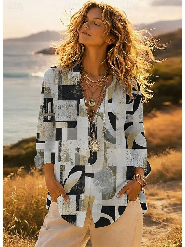Women's Geometric Print Lapel Button Down Shirt Long Sleeve
