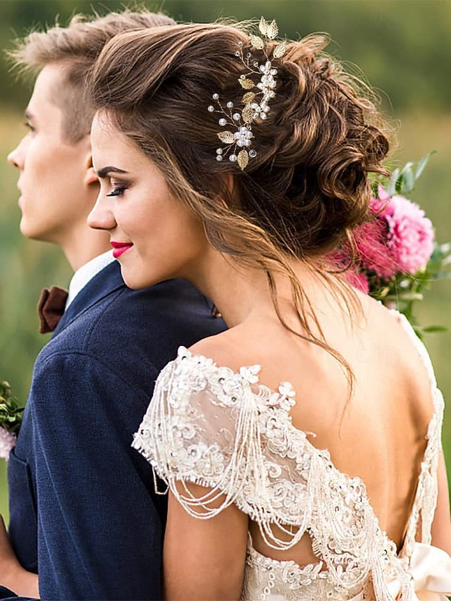 Set Pearls Hair with and Silver Leaf Faux Bridal Gold Accessory