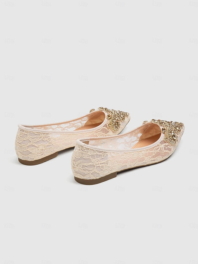 Elegant Beige with Ornate Flats Women's Lace Ballet