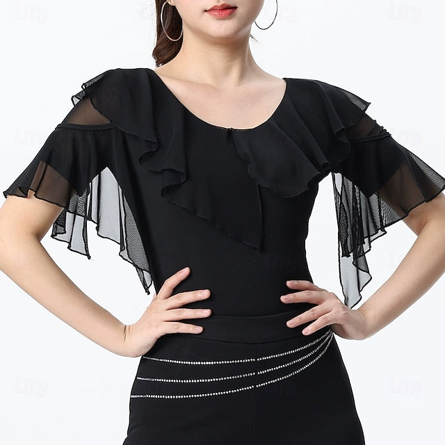 Latin Dance Top Ruffles Pure Color Splicing Women's