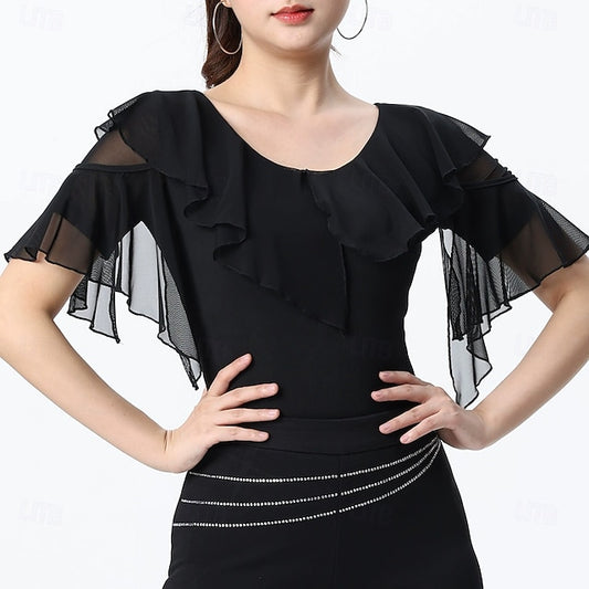 Latin Dance Top Ruffles Pure Color Splicing Women's