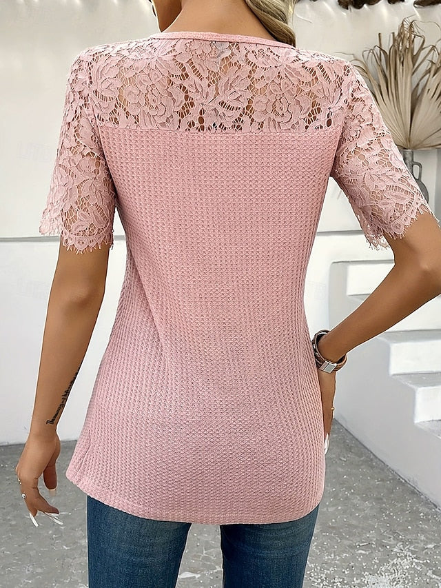 Women's Blouse Lace Patchwork Buttons Solid Color Elegant