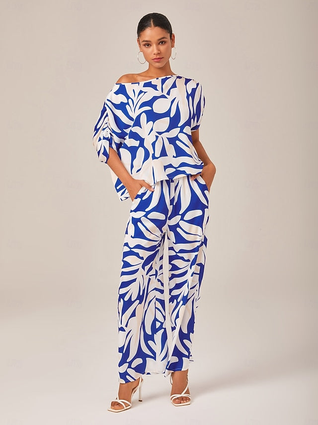 Satin Mismatched Floral Slash Neck T-shirt Sleeve Two Piece Set