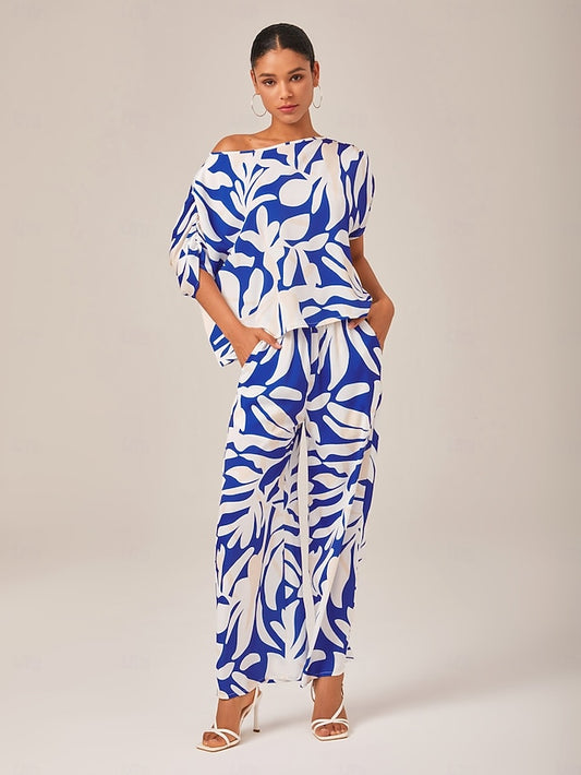Satin Mismatched Floral Slash Neck T-shirt Sleeve Two Piece Set