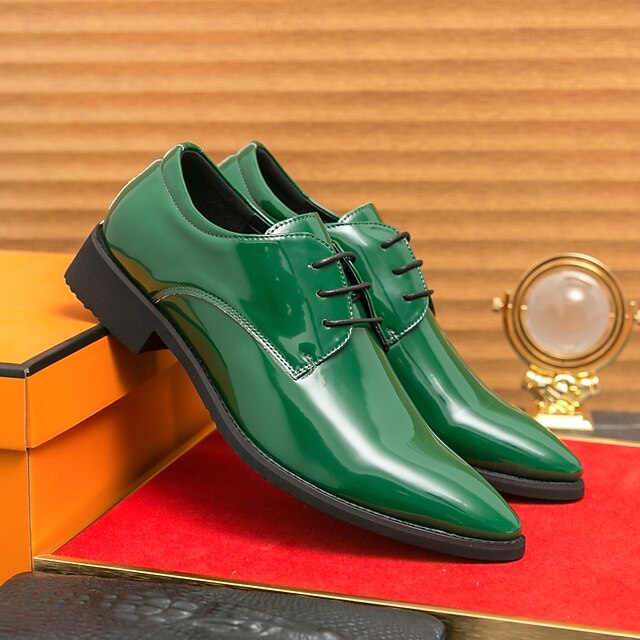 Leather Patent for – Formal Lace-Up Men Glossy Shoes Green