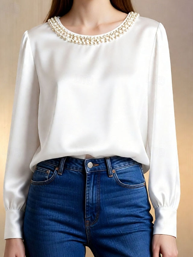 Women's Blouse Dressy Tops Ruched Patchwork Beaded Solid