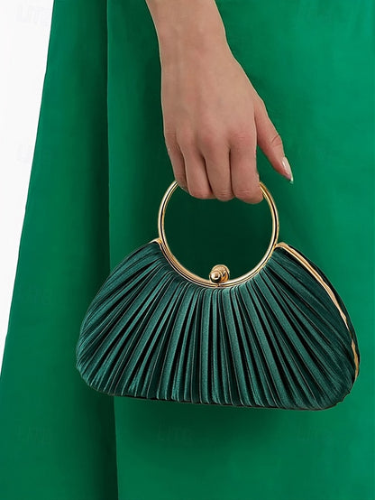 Gold Clutch Velvet Handle with Pleated - Elegant Ring Green