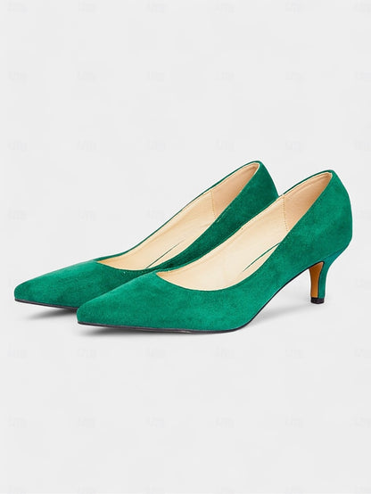Suede Women's Emerald Pointed-Toe Kitten Pumps with Green
