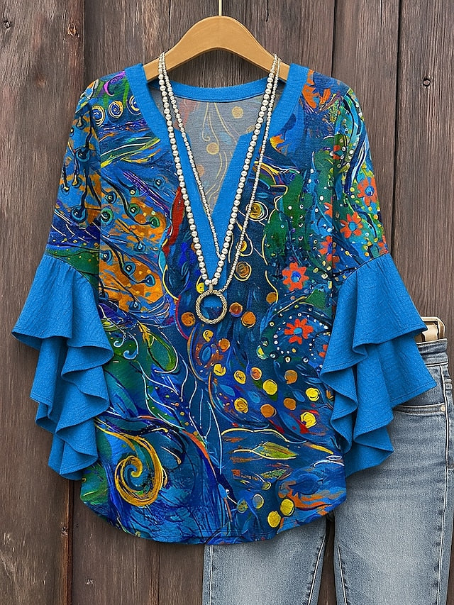 Women's Blouse V Neck Layered Ruffle Sleeve Tops Graphic