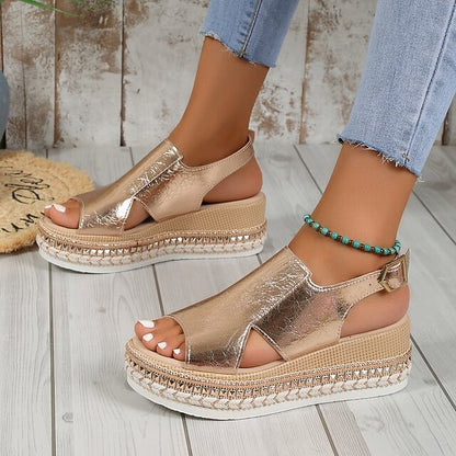 Faux Gold Platform Espadrille Leather Women's Metallic