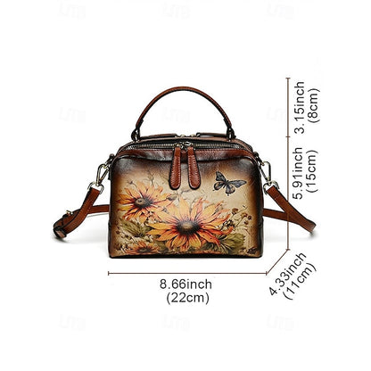 – Sunflower Print Vintage with Handbag Leather and Butterfly