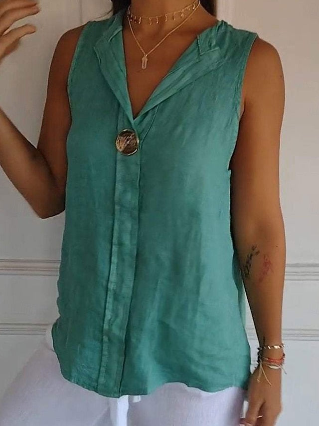 Women's Shirt Button Up Blouse Faux Cotton Linen Solid