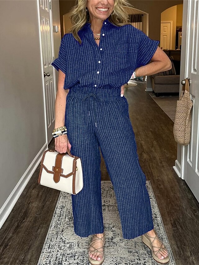 Women's Pants Sets Short Sleeve Shirt Collar Striped