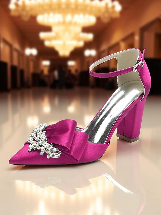 Bow Pumps with and Heel Satin Crystal Women's Block