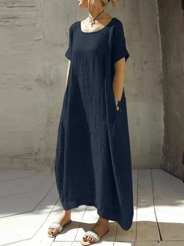 Women's Maxi Dress Faux Cotton Linen Casual Dress Basic