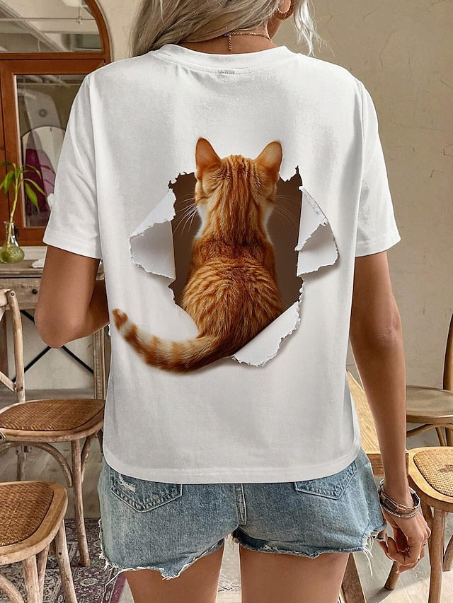 Women's T Shirt Fashion Cat Print Short Sleeve Regular Tops