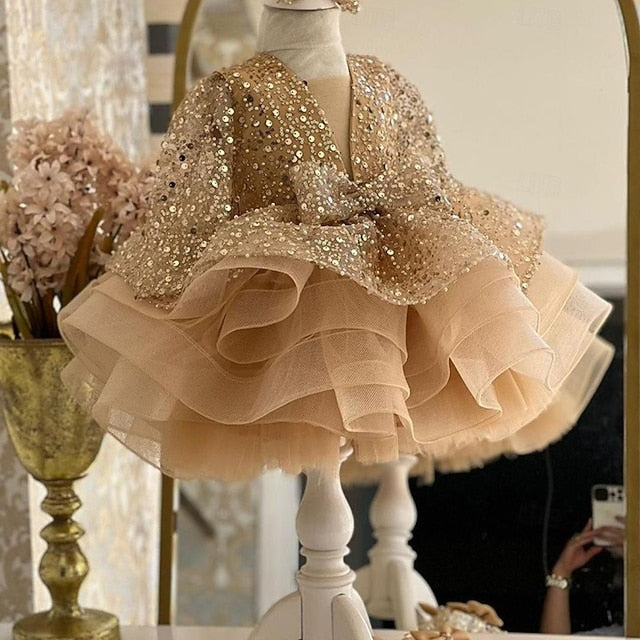 Length Kids Party Dress Sleeve Color 3/4 Girls' Solid