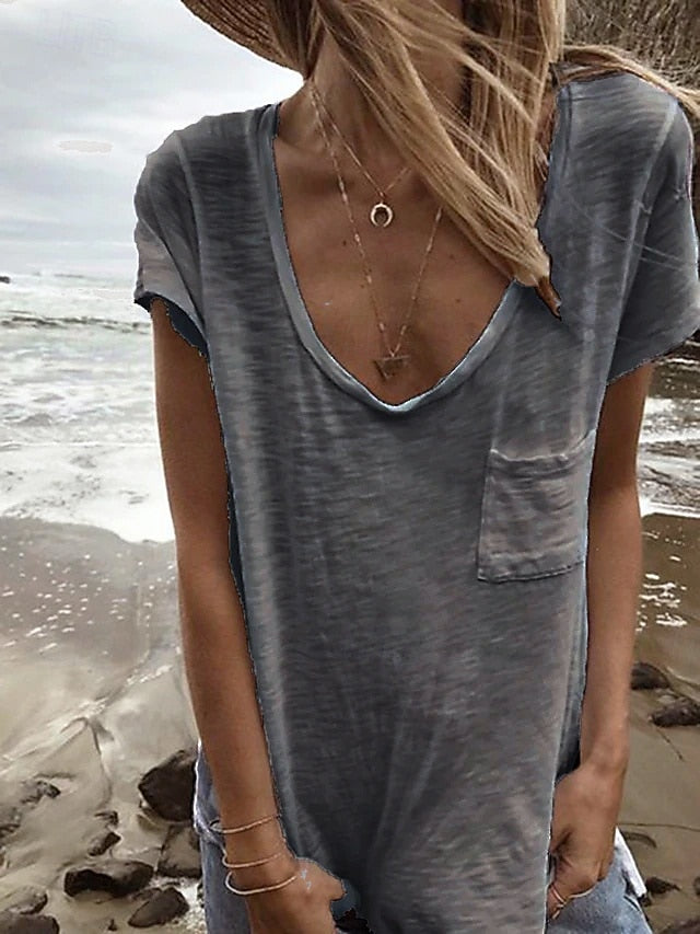 Women's T Shirt Pocket Plain Basic Short Sleeve V Neck