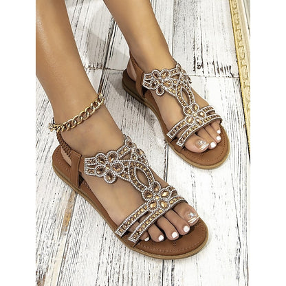 Boho Silver – Rhinestone Sandals Flat T-Strap Women's