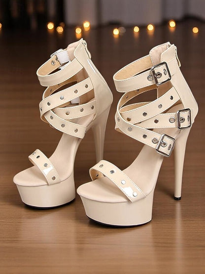 Women's High Platform Buckled White and Straps Heels with