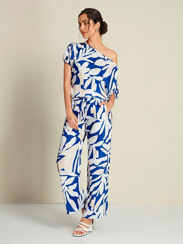 Satin Mismatched Floral Slash Neck T-shirt Sleeve Two Piece Set