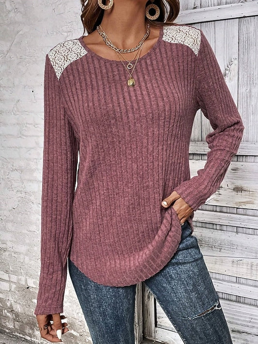 Women's Elegant Lace Tops Eyelet Blouse Casual Solid Color