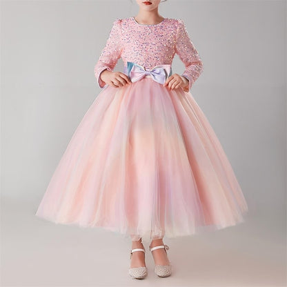 Solid Flower Girls' Color Dress Girl Long Kids Party