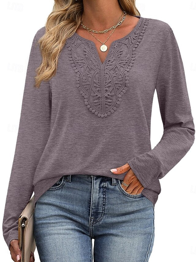 Women's Blouse Patchwork Embroidered Solid Color Stylish