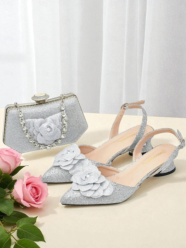 Slingback Glitter Evening Matching Heels and Clutch Women's