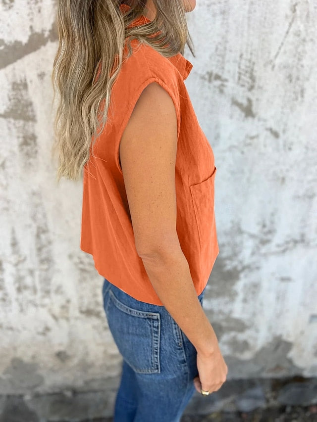 Women's Tank Top Sleeveless Shirt Pocket Buttons Plain