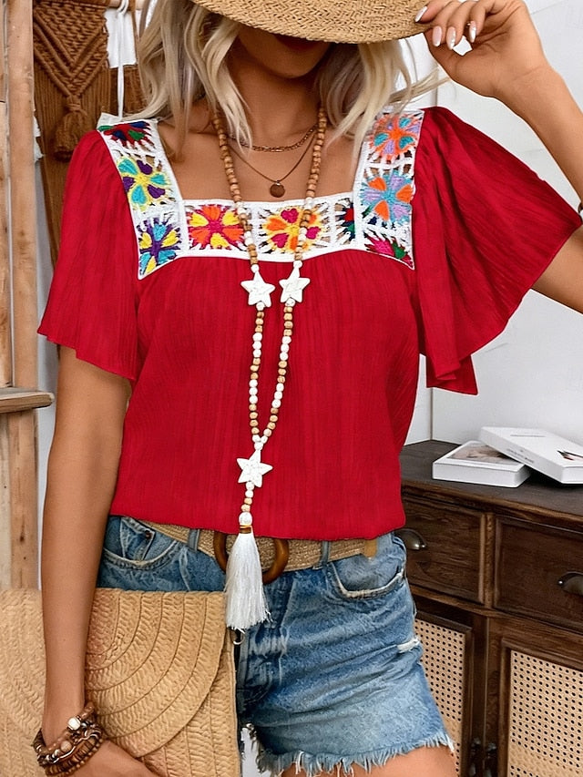 Women's Shirt Blouse Patchwork Floral Stylish Classic