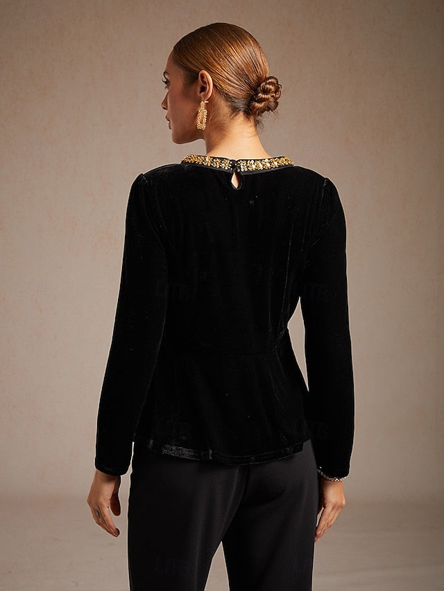 Women's Velvet Blouse Beaded Elegant Crew Neck Regular Tops
