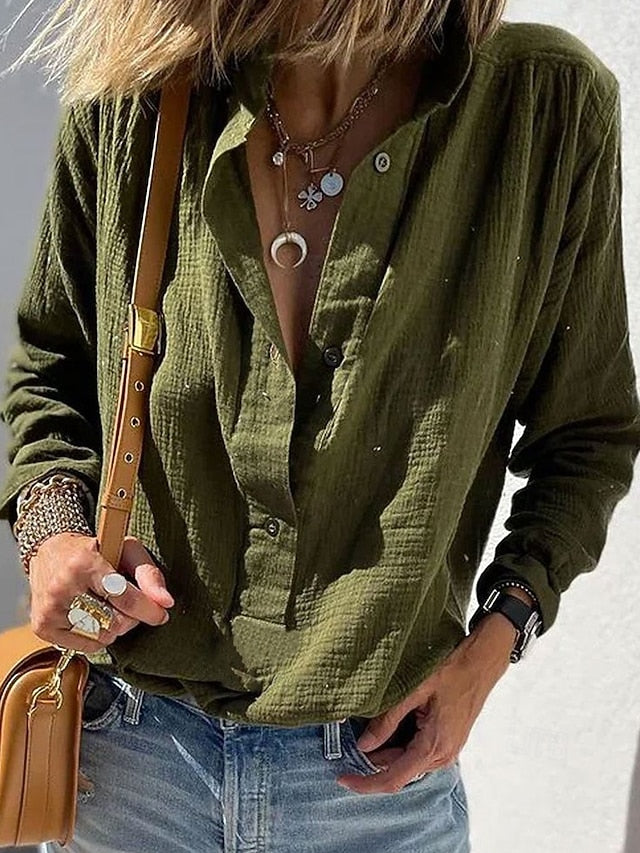 Women's Shirt Blouse Ruched Buttons Plain Casual Long
