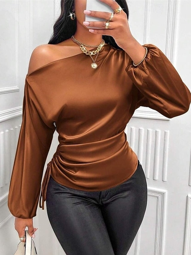 Women's Shirt Elegant Dressy Satin Top Asymmetric Plain